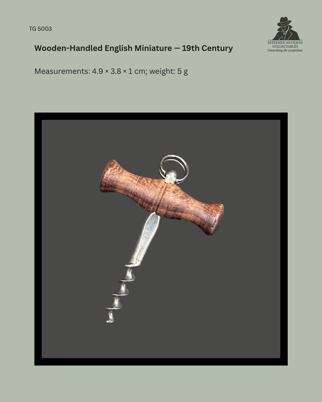 Catalogue panel showing a 19th-century English miniature corkscrew with a turned wooden T-handle, steel worm and suspension ring, measuring 4.9 × 3.8 × 1 cm.