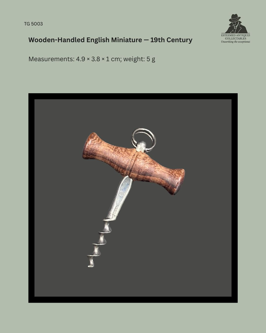 Catalogue panel showing a 19th-century English miniature corkscrew with a turned wooden T-handle, steel worm and suspension ring, measuring 4.9 × 3.8 × 1 cm.