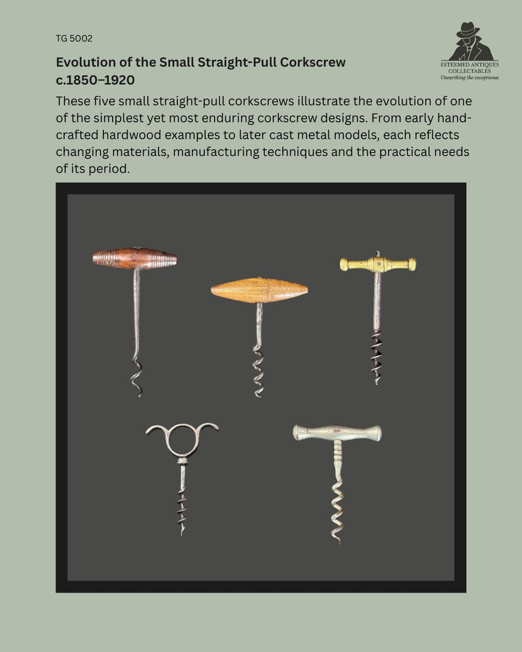 Educational display illustrating the evolution of five small straight-pull corkscrews dating from approximately 1850–1920, showing hardwood T-handled, brass-handled and cast metal examples that demonstrate the development of this enduring corkscrew form from the Thomas Guenther Collection.