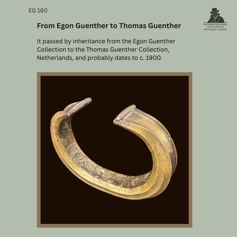 Provenance panel showing the massive Fang solid-cast copper-alloy neck torque, Gabon, circa 1900, inherited from the Egon Guenther Collection by the Thomas Guenther Collection, Netherlands.