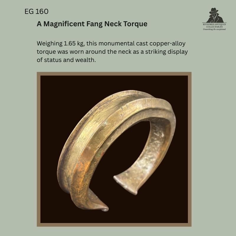Catalogue panel for EG 160 showing a monumental cast copper-alloy Fang neck torque from Gabon, weighing 1.65 kg, with broad ridged form and open flared terminals.