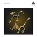 Pair of figural corkscrews modelled as a cat and a monkey, cast in brass-toned metal with integrated spiral worms, whimsical animal-form barware and collector corkscrews from the Thomas Guenther Collection.