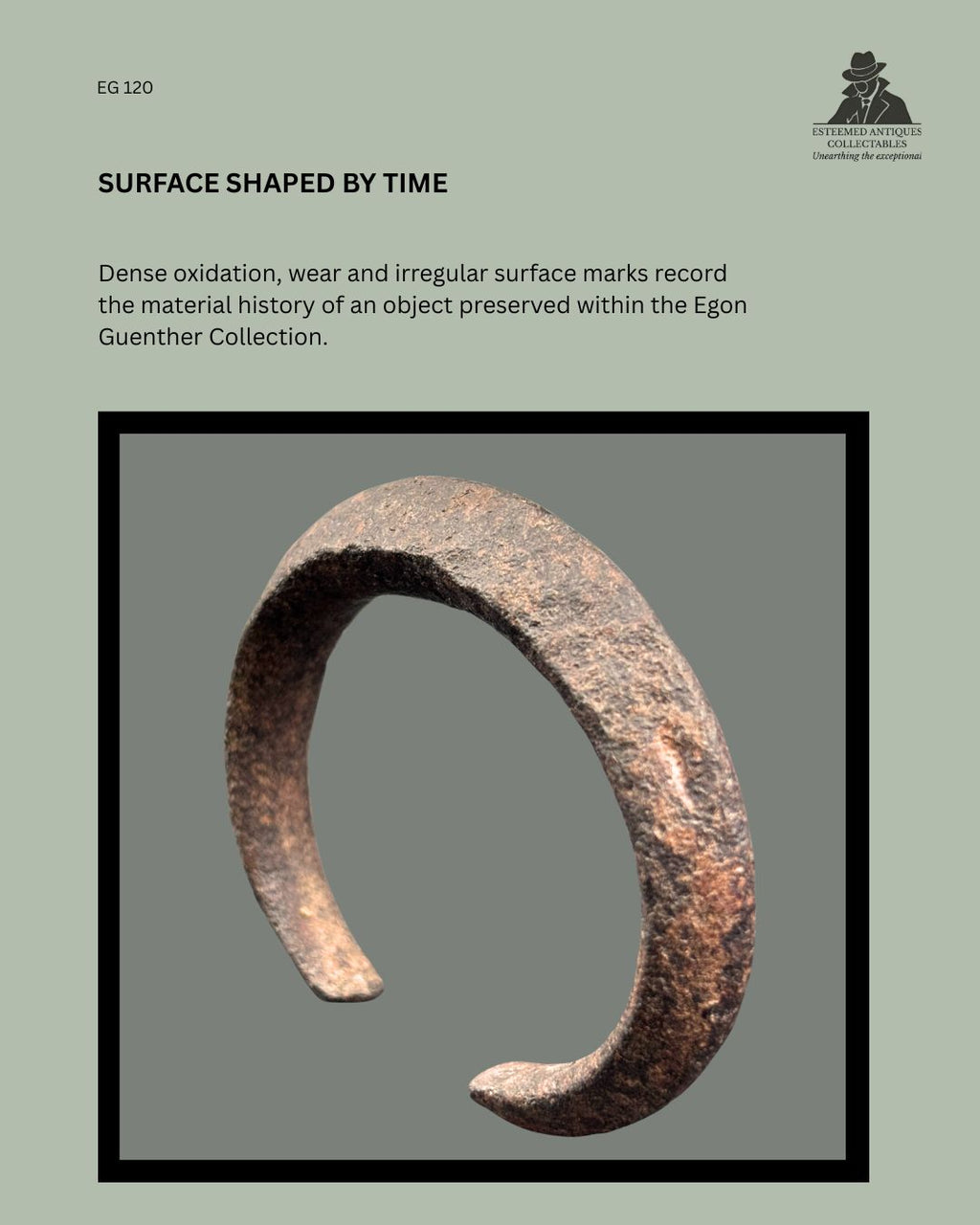 Detail view of forged iron manilla-form currency bracelet EG 120, showing dense oxidation, wear and irregular surface marks from the Egon Guenther Collection.