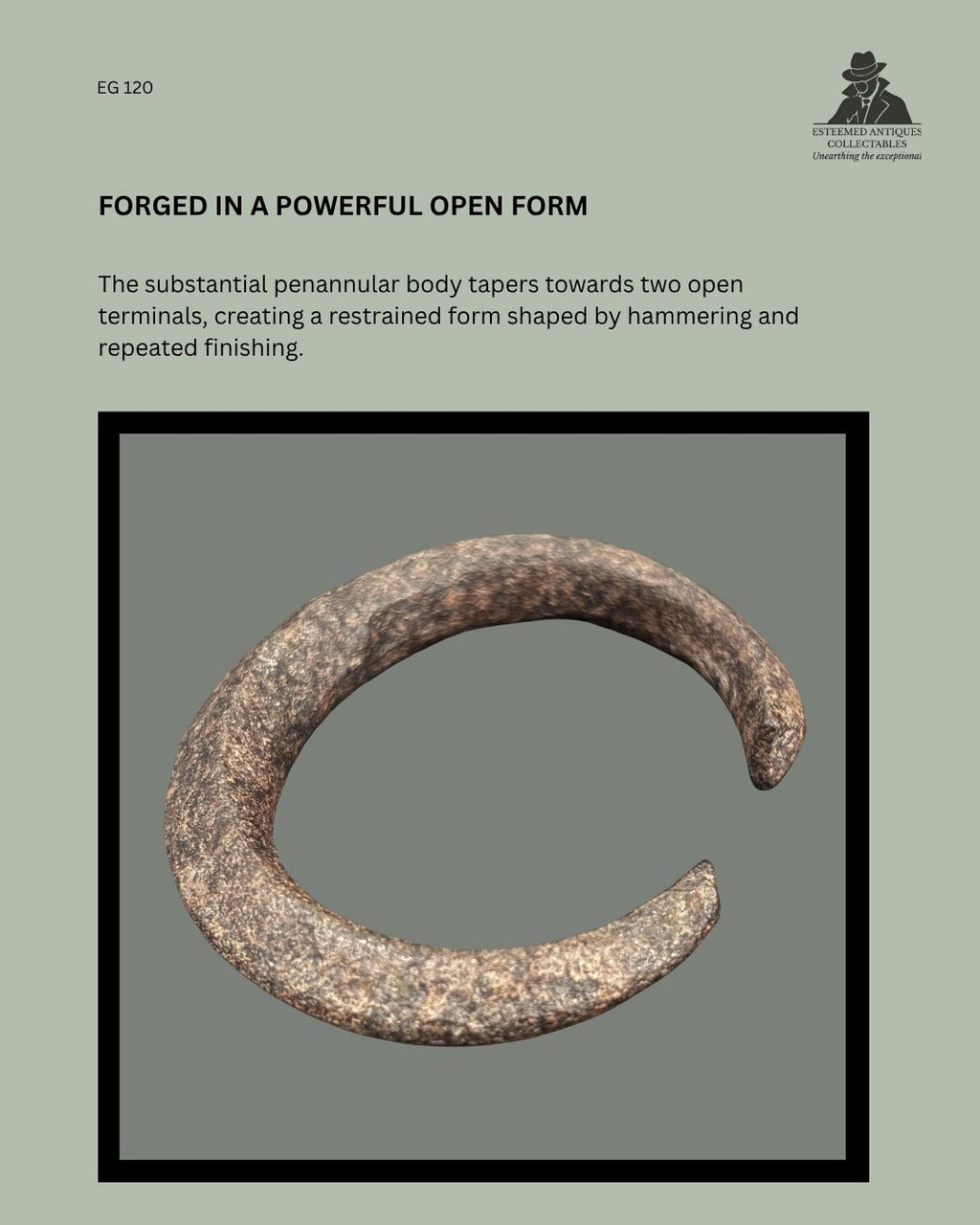 Open-form forged iron manilla currency bracelet from southeastern Nigeria, showing its substantial penannular body and two tapered terminals.