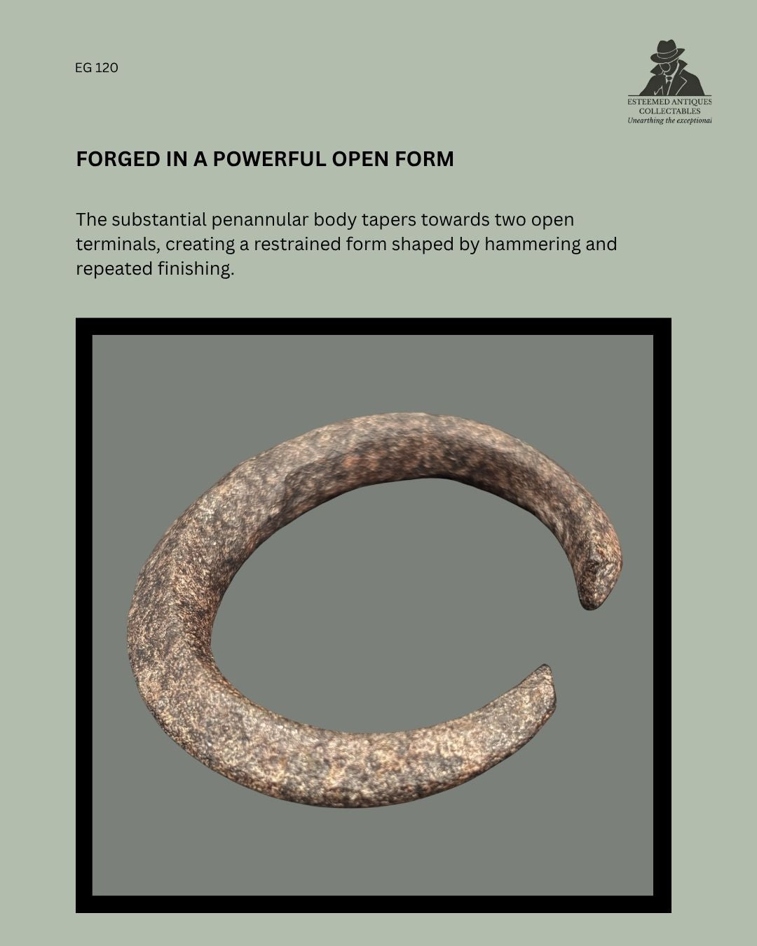 Open-form forged iron manilla currency bracelet from southeastern Nigeria, showing its substantial penannular body and two tapered terminals.
