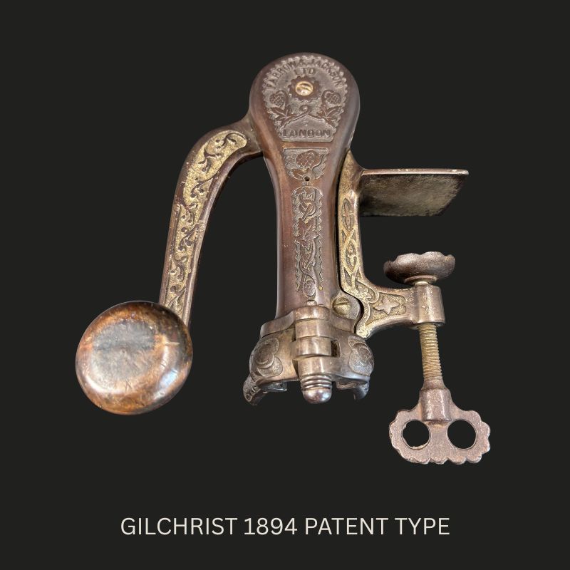 Front view of the ornate cast-iron Farrow & Jackson counter-mounted bar corkscrew, showing the lever handle, wooden crank knob, adjustable bottle clamp and Gilchrist 1894 patent-type extraction mechanism.