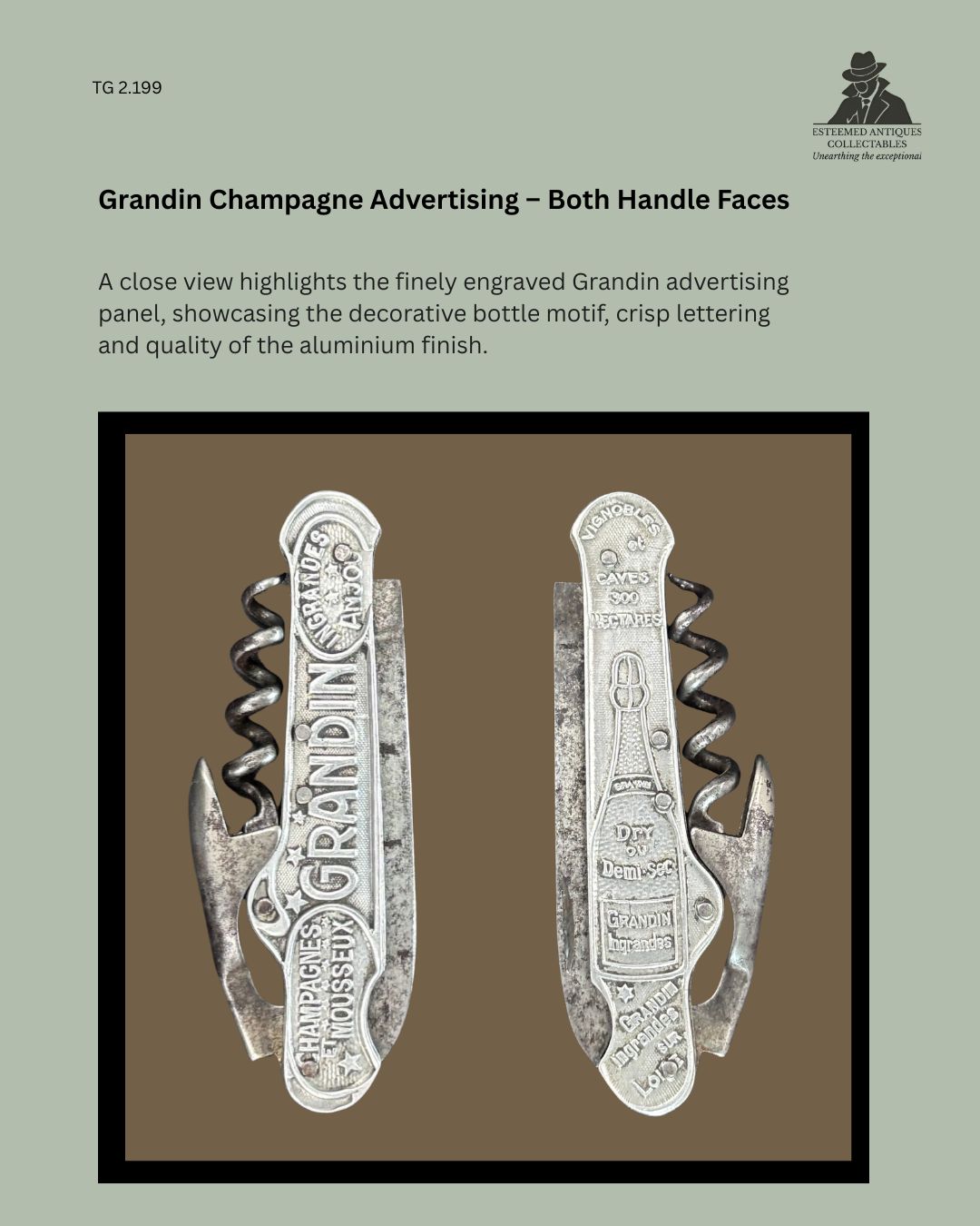 Both engraved handle faces of a Grandin Champagne advertising pocket corkscrew, showing aluminium panels with Grandin branding, bottle motif, folding steel worm and opener.
