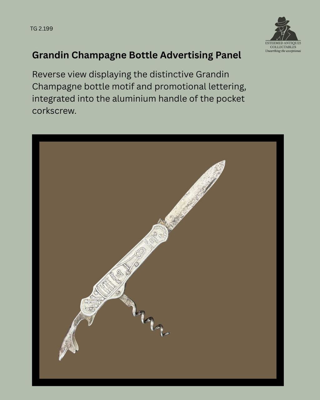 Reverse view of Grandin Champagne advertising pocket corkscrew showing the aluminium handle with embossed champagne bottle motif and promotional lettering, folding steel blade and corkscrew worm.