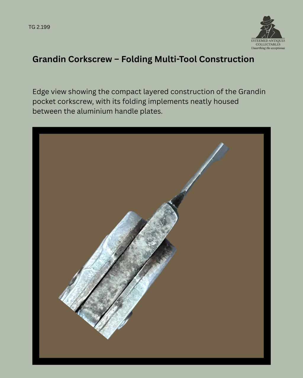 Edge view of the Grandin champagne advertising pocket corkscrew showing its compact layered aluminium handle construction and folding steel implement.