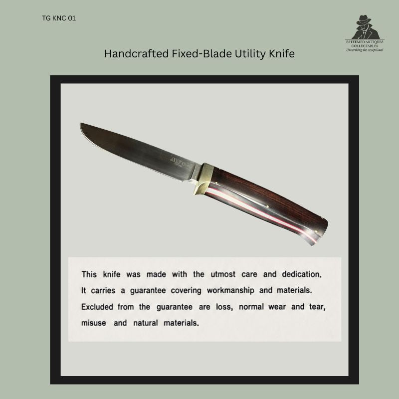 Handcrafted fixed-blade utility knife with polished steel blade, German silver fittings and African Blackwood handle scales, shown with maker’s guarantee card, South African knife making, 1989, from the Thomas Guenther Collection.