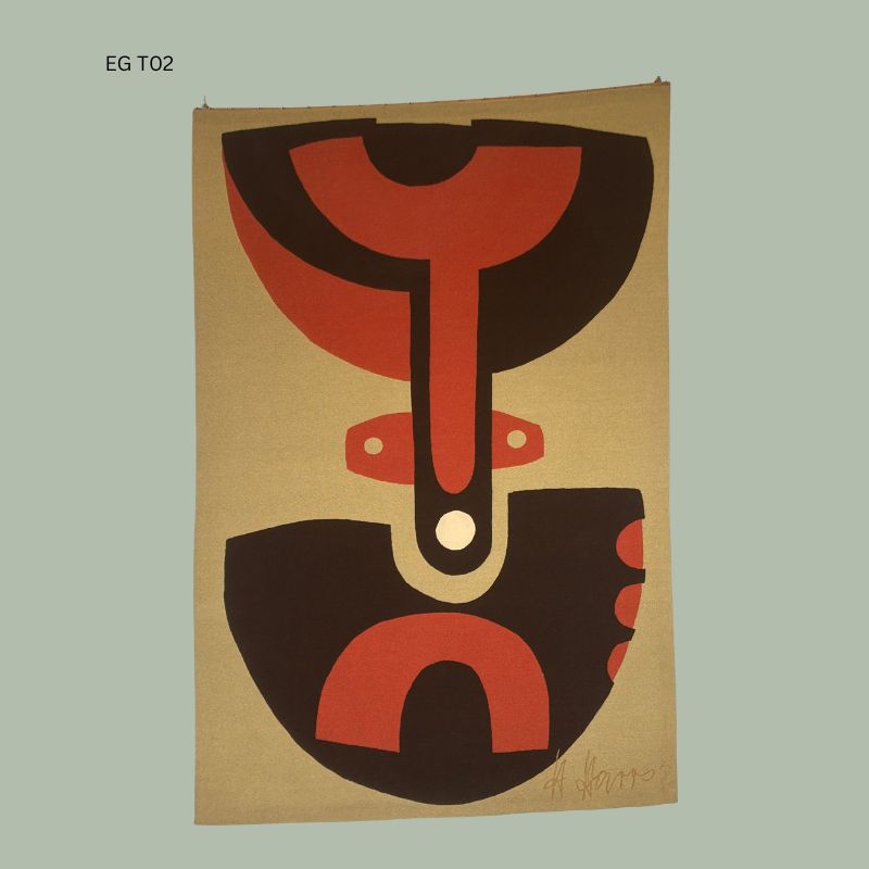 Abstract modernist composition by South African artist Hannes Haars, executed in earth-toned red, black, and ochre forms on paper, featuring geometric symbolic imagery with stylised mask-like elements, signed lower right, from the Egon Guenther Collection.