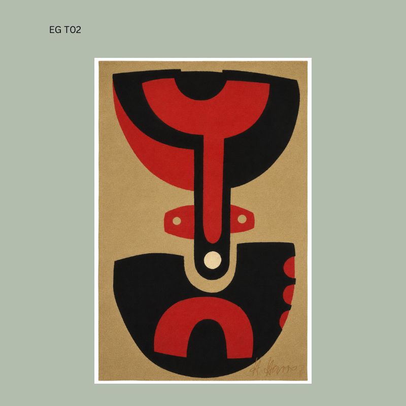 Abstract modernist wool tapestry design by South African artist Hannes Haars, woven at the Manufactura de Tapeçarias de Portalegre workshop in Portugal, depicting stylised geometric red and black forms on a natural wool ground in the mid-20th century modernist textile tradition.