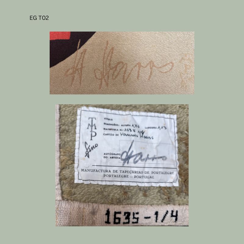 Detail showing the woven signature of South African artist Hannes Haars on a Portalegre wool tapestry, with textured handwoven surface and abstract colour field composition.