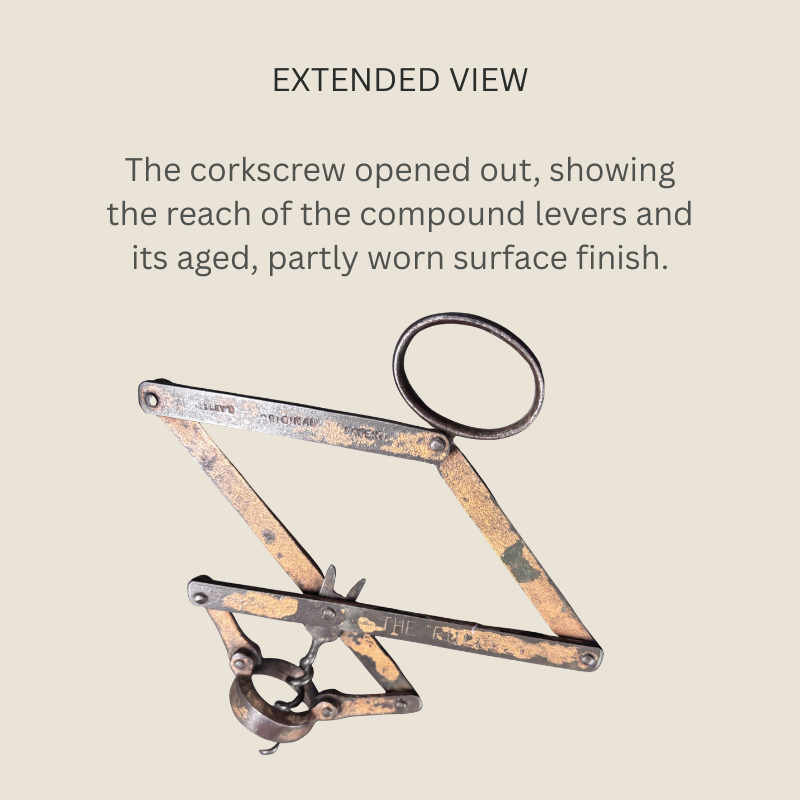 The Pullezi steel concertina corkscrew shown extended, with an oval pull ring, pivoted compound levers, bottle-neck collar and partly worn surface finish.
