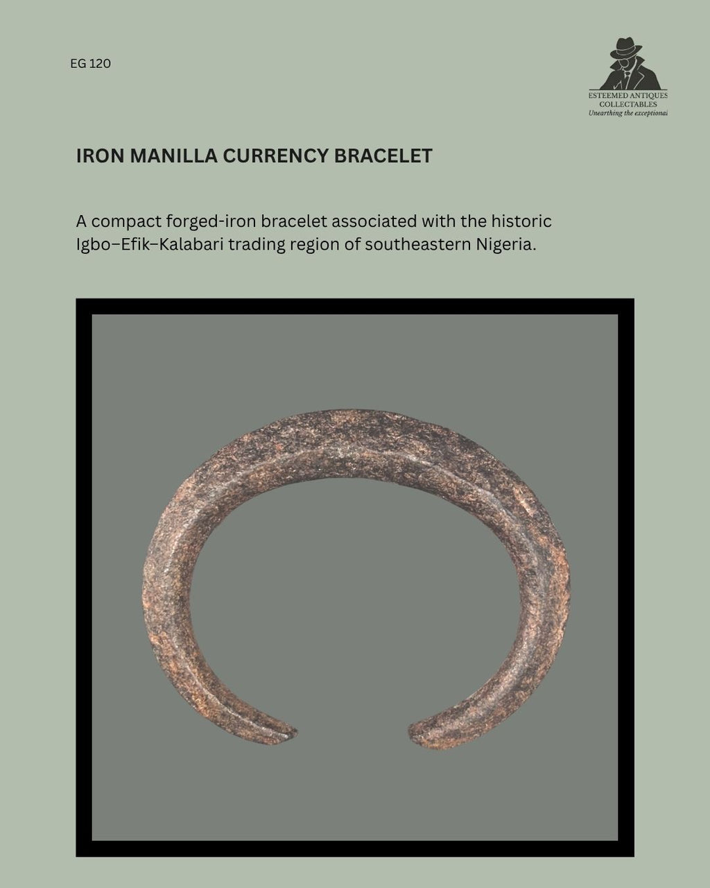 Catalogue title image showing a compact forged-iron manilla-form currency bracelet associated with the historic Igbo–Efik–Kalabari trading region of southeastern Nigeria, reference EG 120.