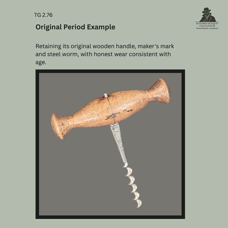J.A. Henckels straight pull corkscrew retaining its original turned wooden handle, marked steel shank and steel worm, manufactured in Solingen, Germany, circa 1895–1915, showing honest period wear consistent with age.