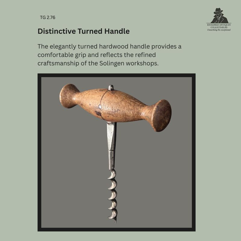 Turned hardwood handle of a J.A. Henckels straight pull corkscrew from Solingen, Germany, showing the traditional double-ended grip with steel shank and worm, c.1895–1915.