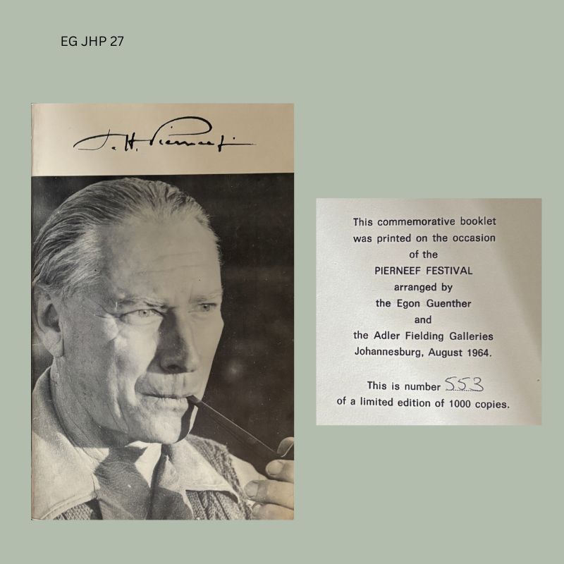 Commemorative Jacob Hendrik Pierneef festiv
a booklet issued in Johannesburg in August 1964 by the Egon Guenther and Adler Fielding Galleries, featuring a photographic portrait of Pierneef smoking a pipe and an edition statement for a limited printing of 1000 copies.