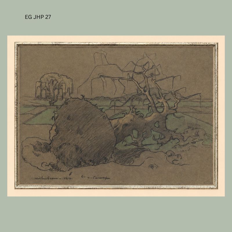 Landscape drawing titled “Wildenboom” by Jacob Hendrik Pierneef, dated 1912, depicting a South African rural scene with a fallen tree trunk, sparse vegetation, and distant structures, rendered in pencil and muted colour on paper within a glazed frame.