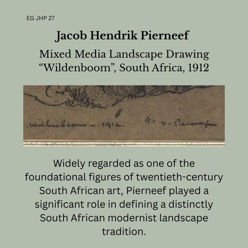 Exhibition-style title panel for Jacob Hendrik Pierneef mixed media landscape drawing titled “Wildenboom,” South Africa, 1912, featuring a detail of the artist’s handwritten inscription and signature with accompanying biographical text on South African modernist landscape painting.