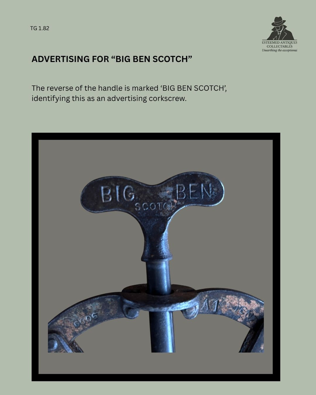 Catalogue panel showing a close-up of the steel handle marked “BIG BEN SCOTCH” on a James Heeley & Sons A1 double-lever advertising corkscrew, with Patent 6006 visible on the lever.