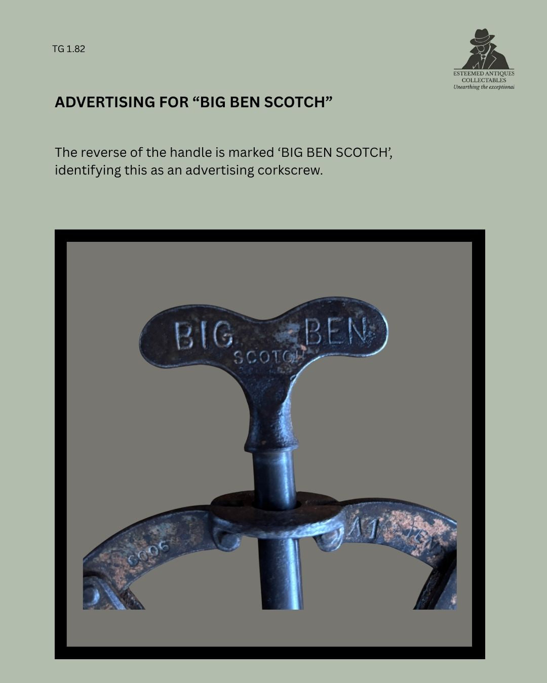 Catalogue panel showing a close-up of the steel handle marked “BIG BEN SCOTCH” on a James Heeley & Sons A1 double-lever advertising corkscrew, with Patent 6006 visible on the lever.