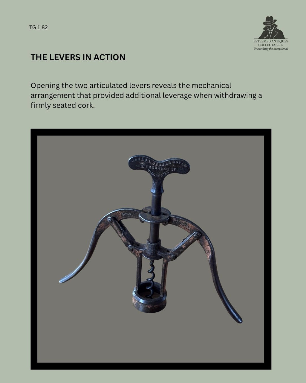 James Heeley & Sons A1 steel double-lever advertising corkscrew shown open, revealing the articulated extraction mechanism, helical worm and bottle-neck collar; Patent 6006, with James Idenman & Son Ltd Manchester advertising handle.