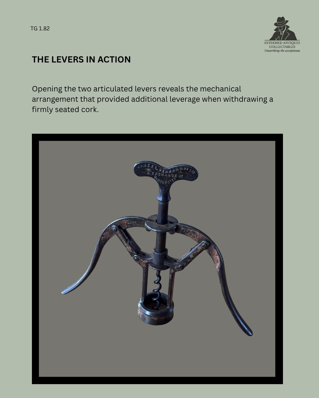 James Heeley & Sons A1 steel double-lever advertising corkscrew shown open, revealing the articulated extraction mechanism, helical worm and bottle-neck collar; Patent 6006, with James Idenman & Son Ltd Manchester advertising handle.