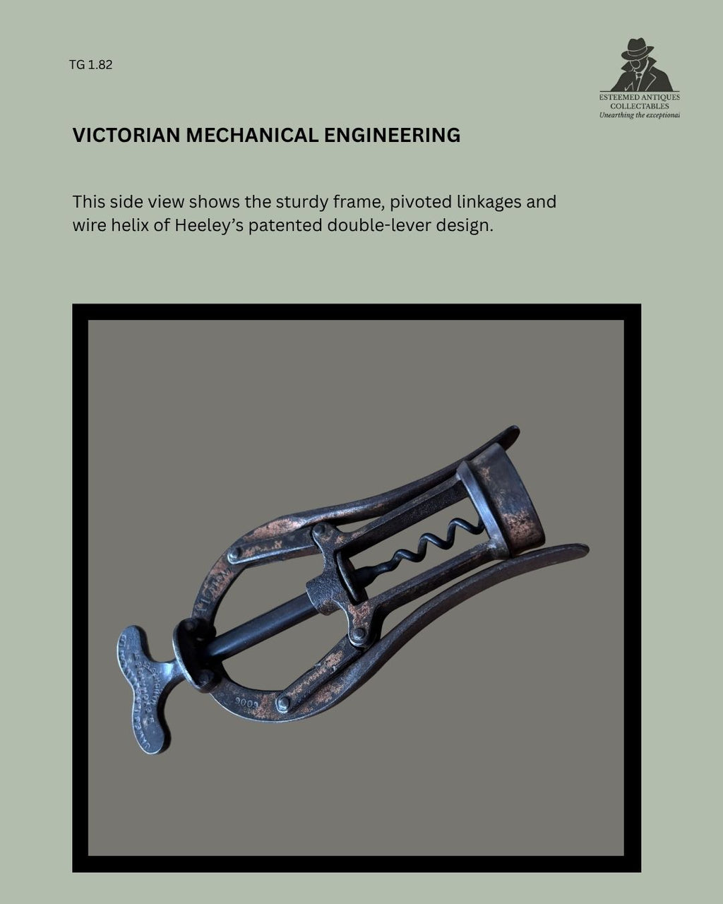Side view of a Victorian James Heeley & Sons A1 advertising corkscrew, showing the steel frame, pivoted double-lever mechanism and wire helix of Patent No. 6006.