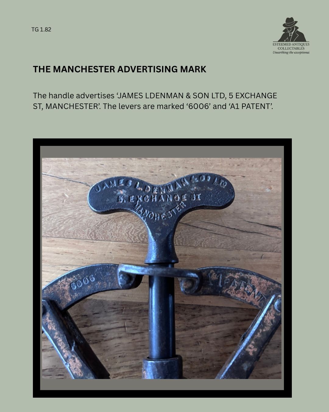 Detail of the steel handle advertising James Ldenman & Son Ltd, 5 Exchange Street, Manchester, with the double levers stamped 6006 and A1 Patent.