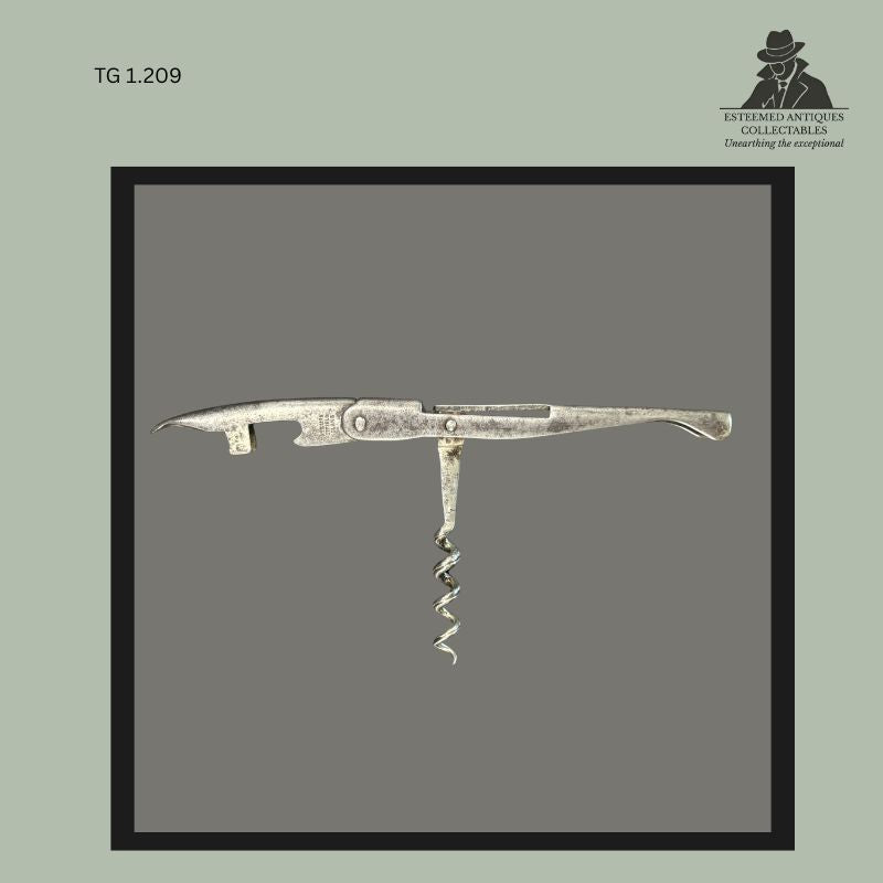 John Watts patented combination pocket corkscrew in steel with wire helix worm, incorporating a folding capsule cutter, bottle opener and lever elements within a compact multi-function wine tool, England, late 19th century.