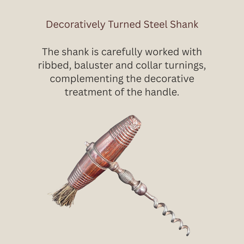 Detail view of a late Victorian English straight-pull corkscrew showing its ribbed baluster-turned steel shank, turned wooden T-handle, retained brush and grooved wire worm.