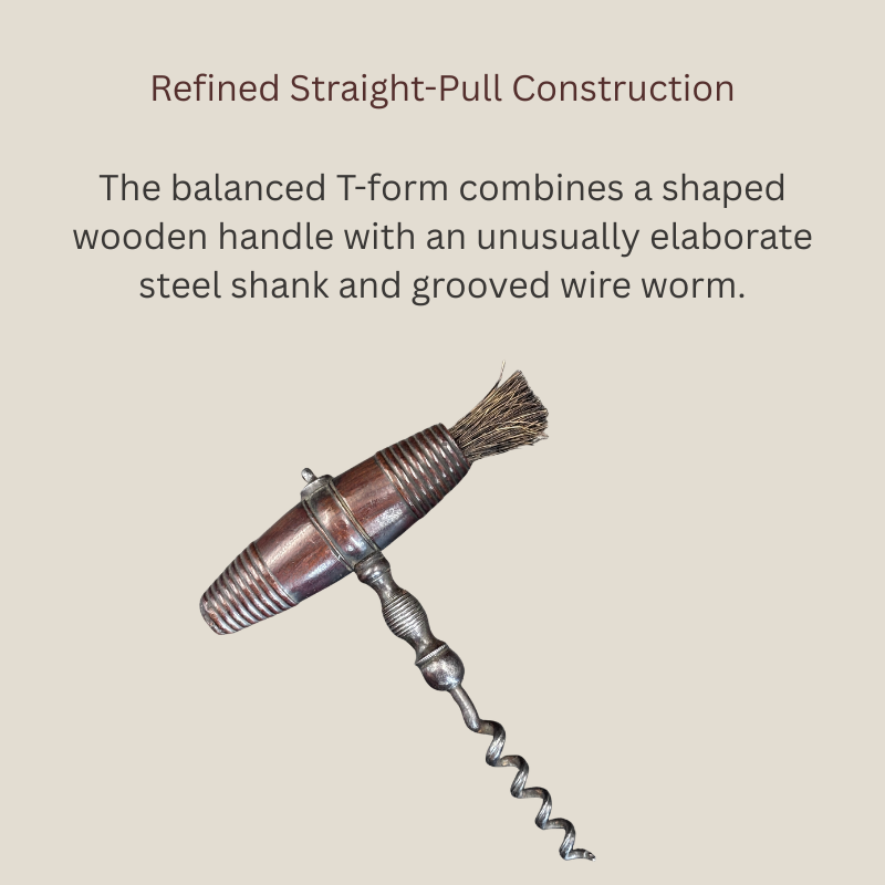 Late Victorian English straight-pull corkscrew with a shaped wooden T-handle, retained brush, decoratively turned steel shank and grooved wire worm, c.1880–1900.