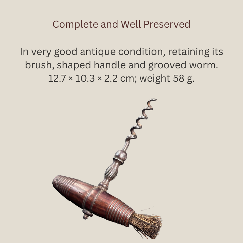 Complete late Victorian English straight-pull corkscrew with turned wooden T-handle, original brush, decoratively finished steel shank and grooved wire worm, c.1880–1900.