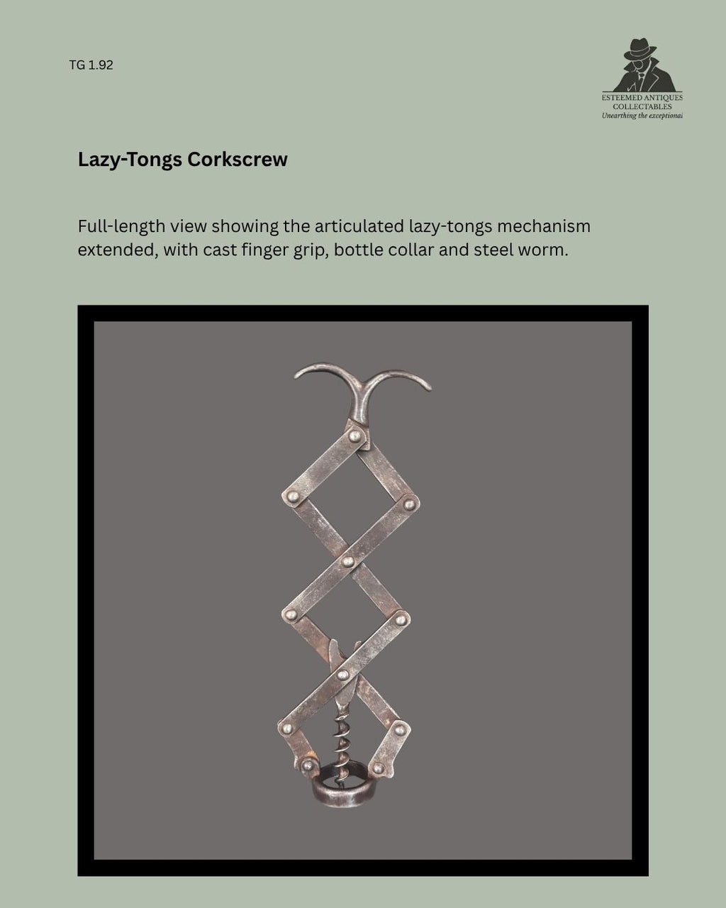 Full-length view of an unmarked metal lazy-tongs corkscrew with articulated scissor-link mechanism extended, cast finger grip, bottle collar and central steel worm.