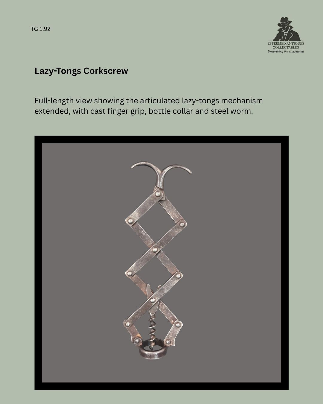 Full-length view of an unmarked metal lazy-tongs corkscrew with articulated scissor-link mechanism extended, cast finger grip, bottle collar and central steel worm.