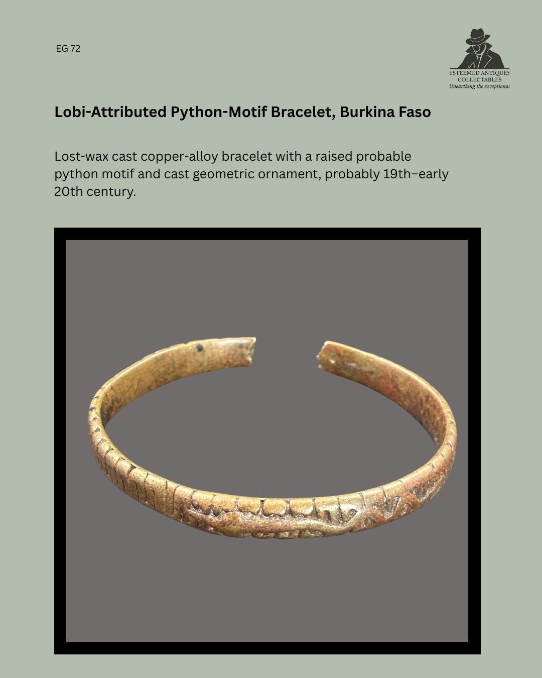 Lobi-attributed lost-wax cast copper-alloy bracelet from Burkina Faso, shown from the front with open terminals, raised probable python motif and cast geometric ornament, Egon Guenther Collection, EG 72.