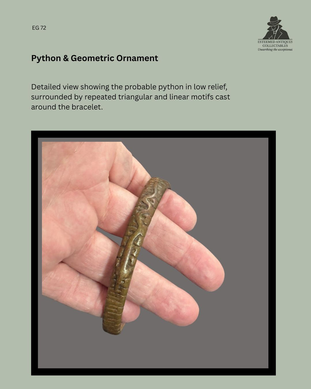Detail view of the Lobi-attributed lost-wax cast copper-alloy bracelet from Burkina Faso, showing a probable python motif in low relief among repeated triangular and linear geometric ornament, Egon Guenther Collection.