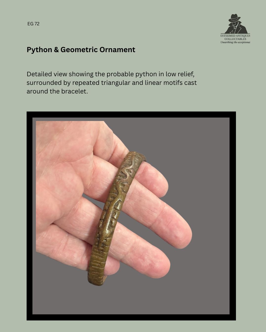 Detail view of the Lobi-attributed lost-wax cast copper-alloy bracelet from Burkina Faso, showing a probable python motif in low relief among repeated triangular and linear geometric ornament, Egon Guenther Collection.