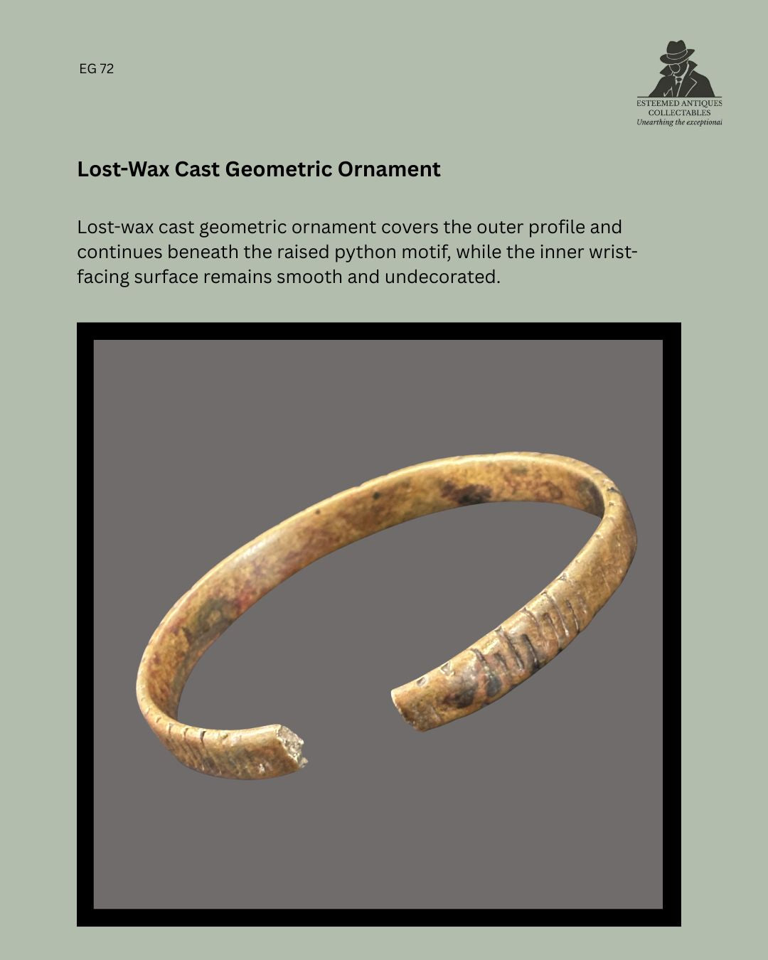 Interior and terminal view of Lobi-attributed copper-alloy bracelet EG 72 from Burkina Faso, showing lost-wax cast geometric ornament around the outer profile and beneath the raised python motif, with a smooth undecorated wrist-facing surface.