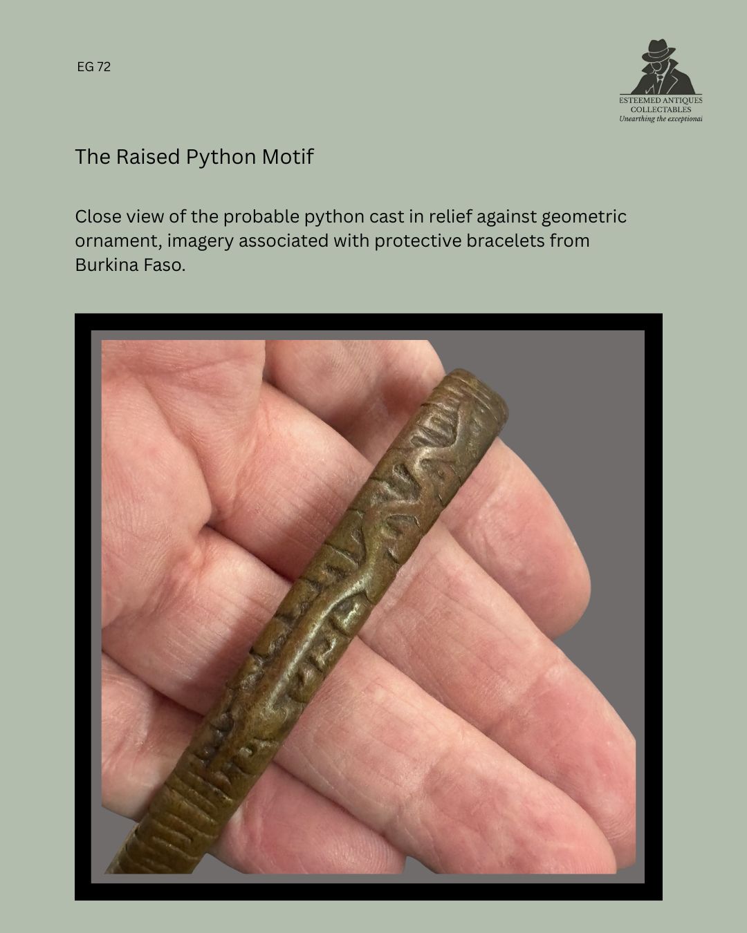 Close detail of the Lobi-attributed copper-alloy bracelet EG 72, showing the raised probable python motif cast in relief among geometric ornament, Burkina Faso, Egon Guenther Collection.