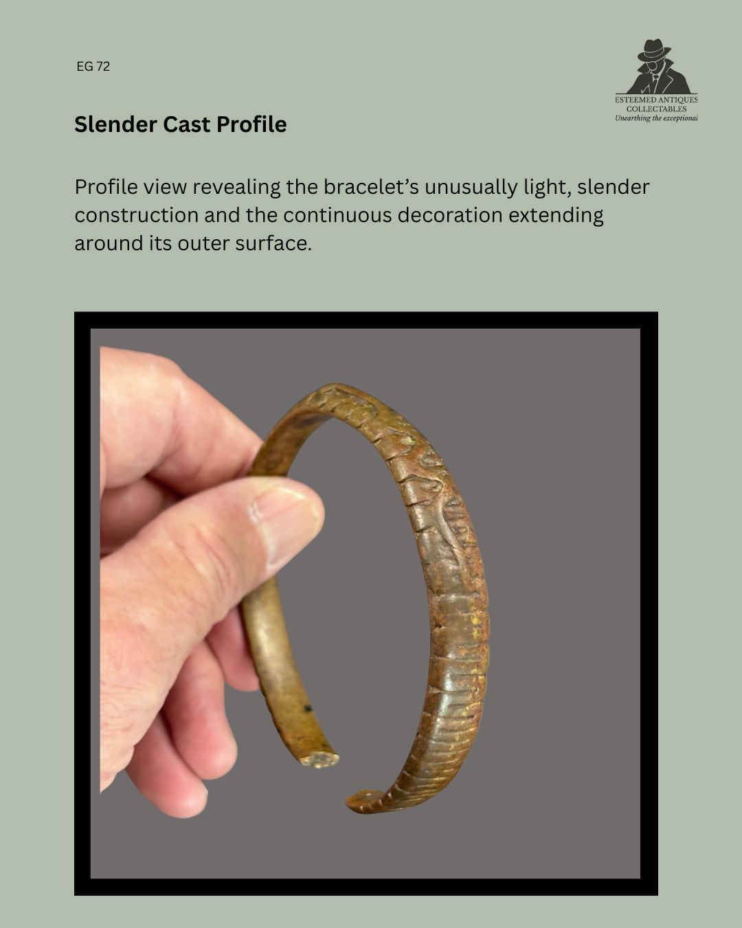 Profile view of Lobi-attributed lost-wax cast copper-alloy bracelet from Burkina Faso, showing its slender open form, python-motif surface decoration and aged patina, Egon Guenther Collection, EG 72.