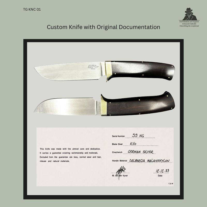 Marius van der Vyver handmade custom knife number 39NG shown from both sides with accompanying maker’s certificate dated 12 December 1989, featuring a K110 steel blade, German silver fittings, and Dalbergia melanoxylon African Blackwood handle scales, South African knife maker documentation and construction details.
