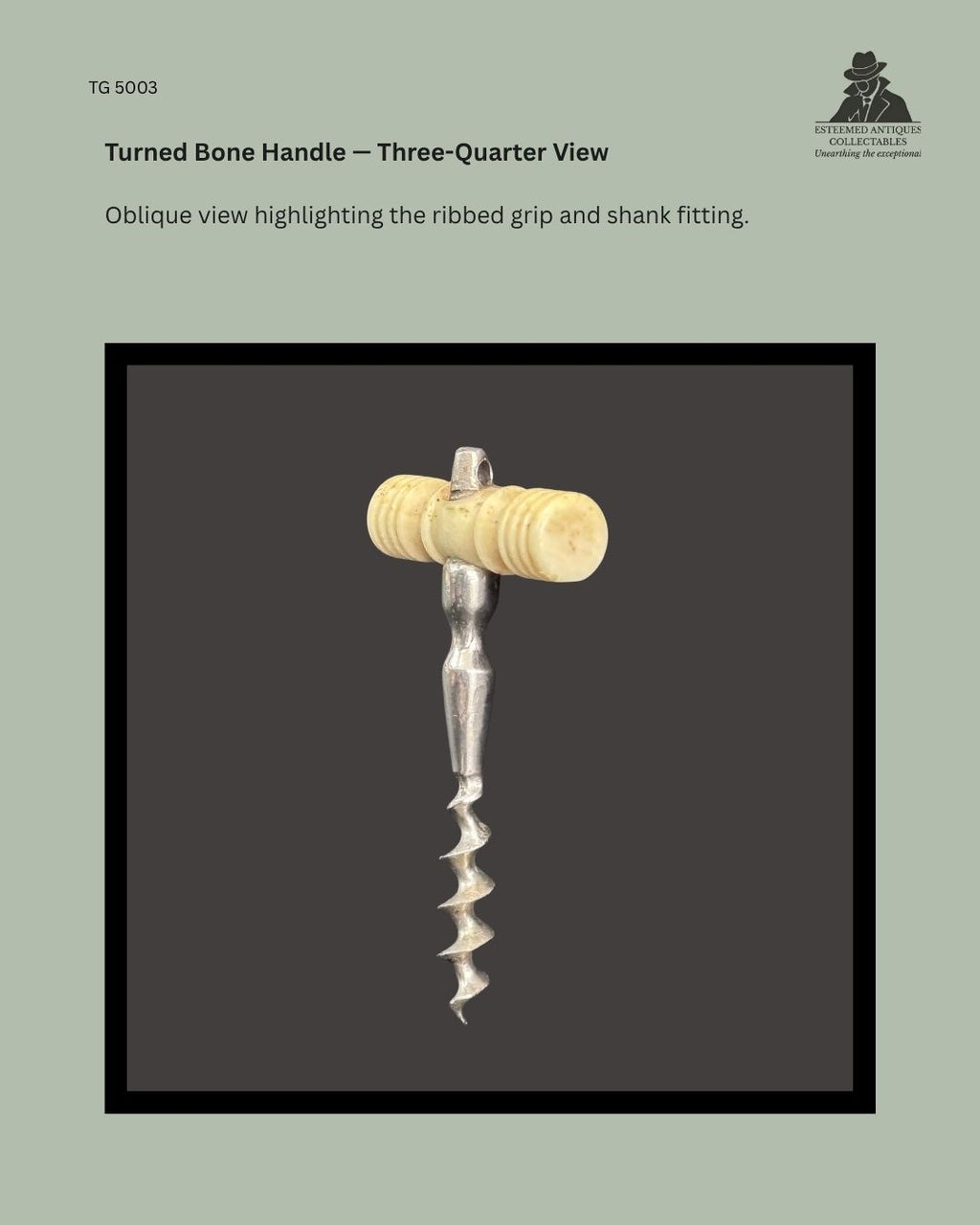 Three-quarter view of a 19th-century miniature corkscrew with a turned bone T-handle, ribbed end grips, metal shank fitting and open helical worm.