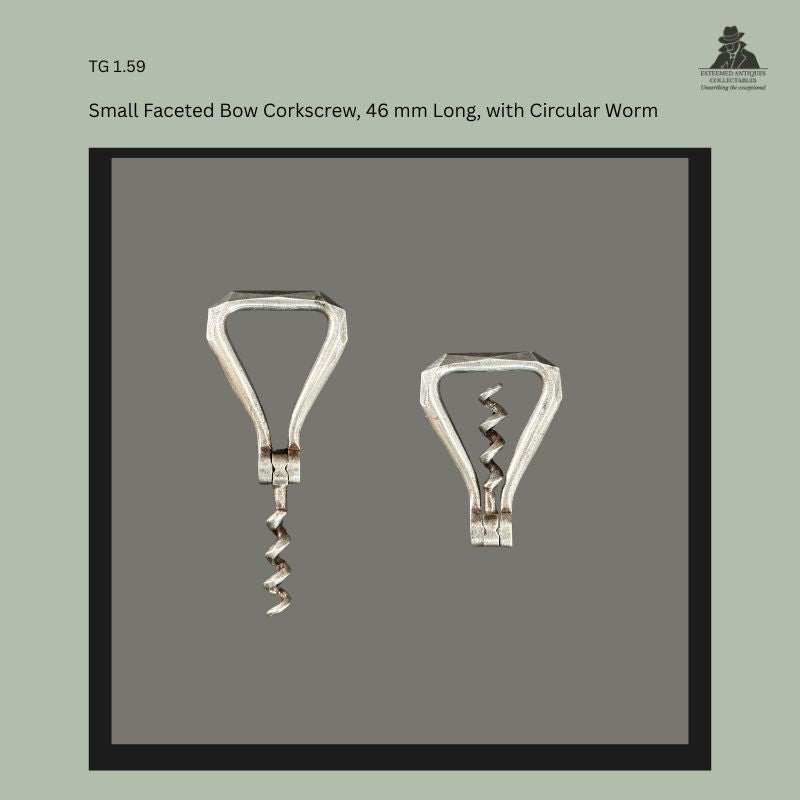Small faceted folding bow corkscrew with geometric steel bow frame and circular worm, shown open and folded. Collector-grade miniature pocket corkscrew of European type, likely late 19th to early 20th century, with hinged construction and hand-finished faceted arms.