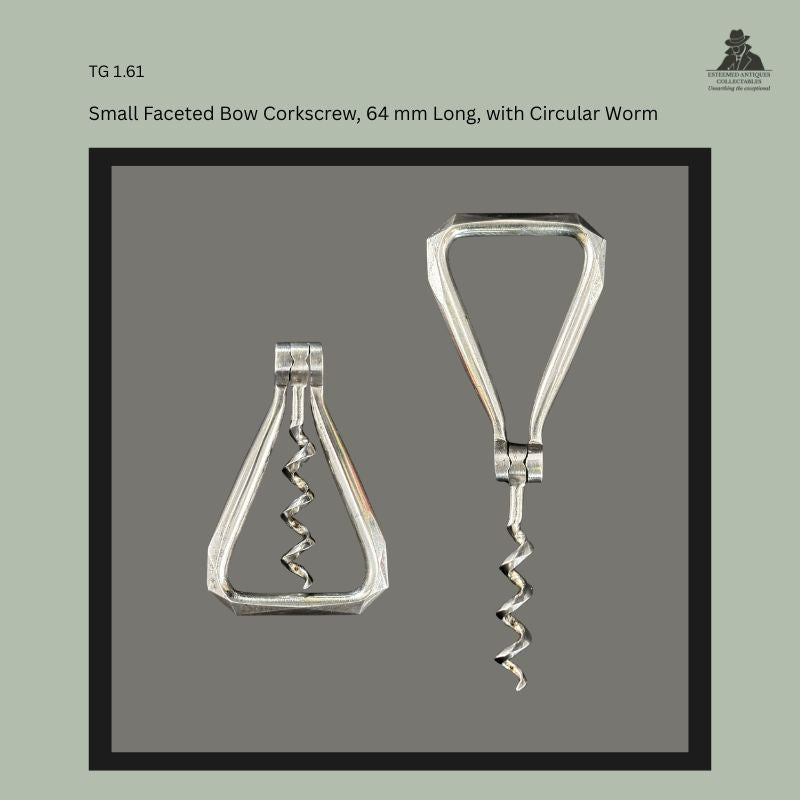 Small faceted folding bow corkscrew with angular steel frame and circular helical worm, shown in both closed and open positions. Collector-grade pocket corkscrew of compact bow form, likely dating to the late 19th or early 20th century.