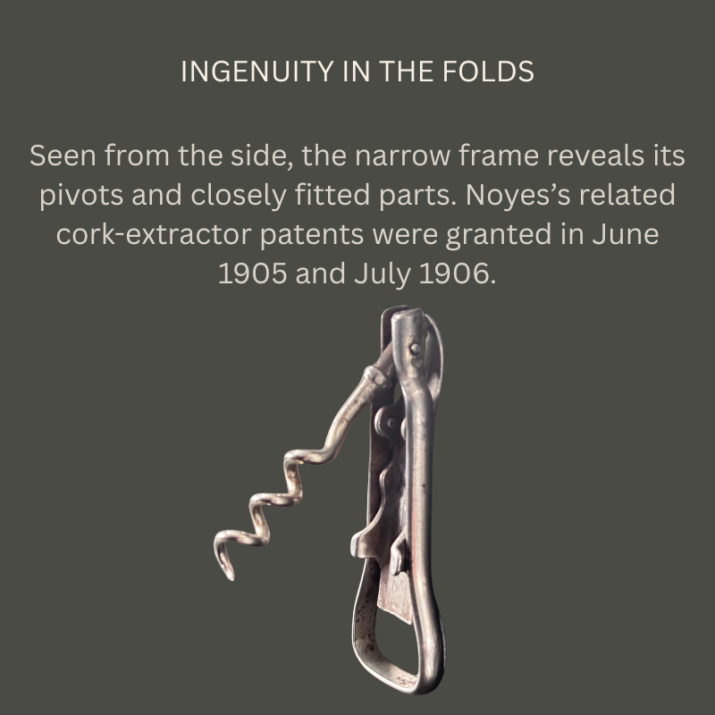 Side view of an early 20th-century Noyes Universal steel corkscrew, showing the extended helical worm, pivot joints and closely fitted folding components within its narrow loop frame.