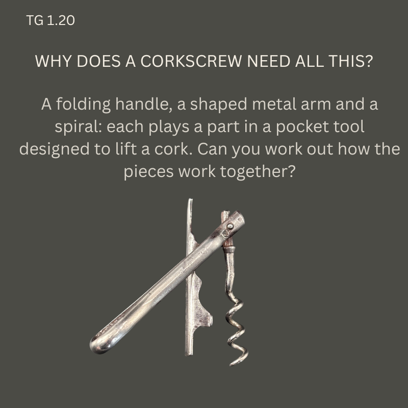American Noyes Universal steel corkscrew with its folding handle, shaped fulcrum plate and spiral worm extended, beneath text asking how the mechanism lifts a cork.