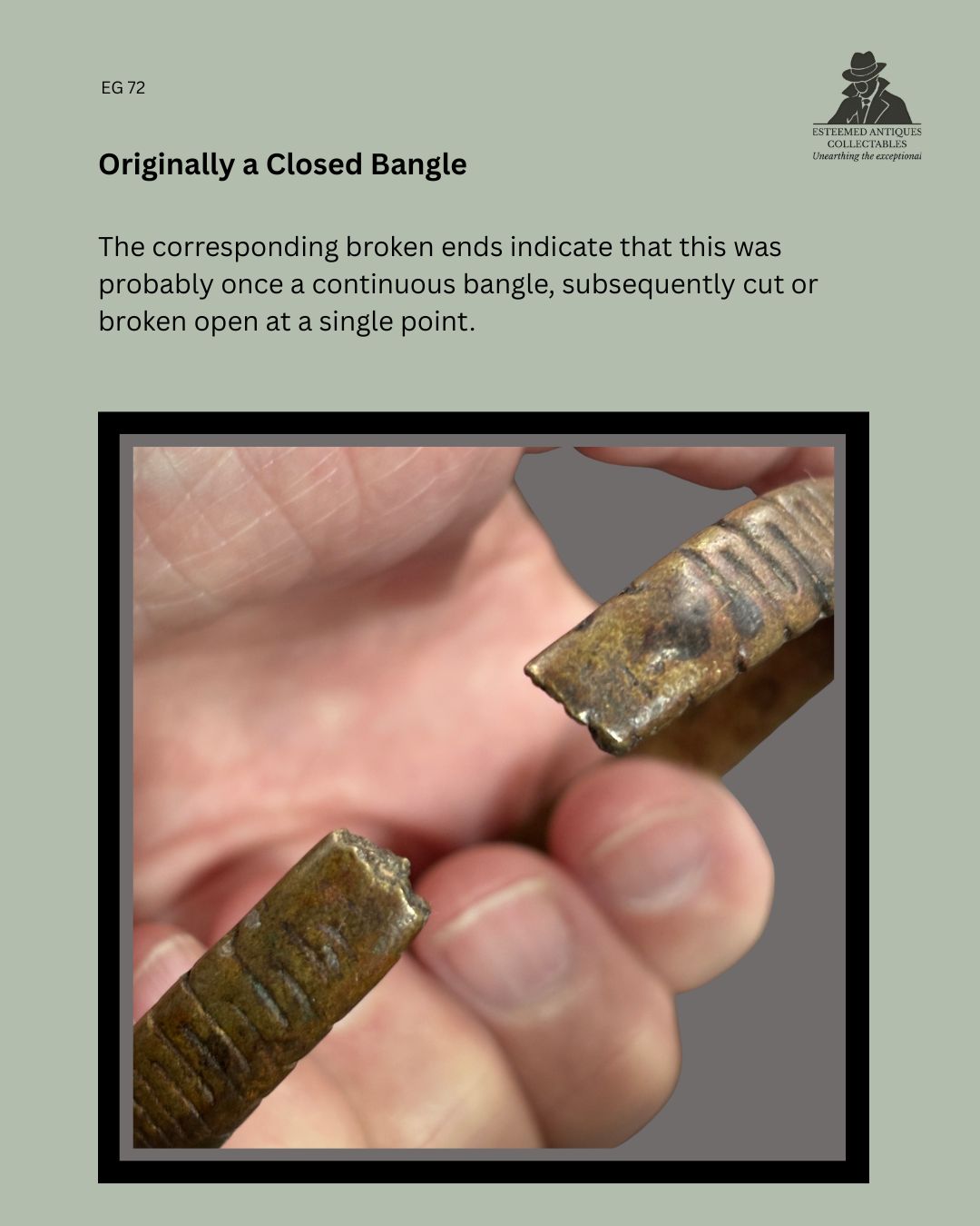 Detail of the corresponding broken ends of Lobi-attributed lost-wax cast copper-alloy python-motif bracelet EG 72, Burkina Faso, indicating that the bracelet was probably originally formed as a continuous closed bangle.