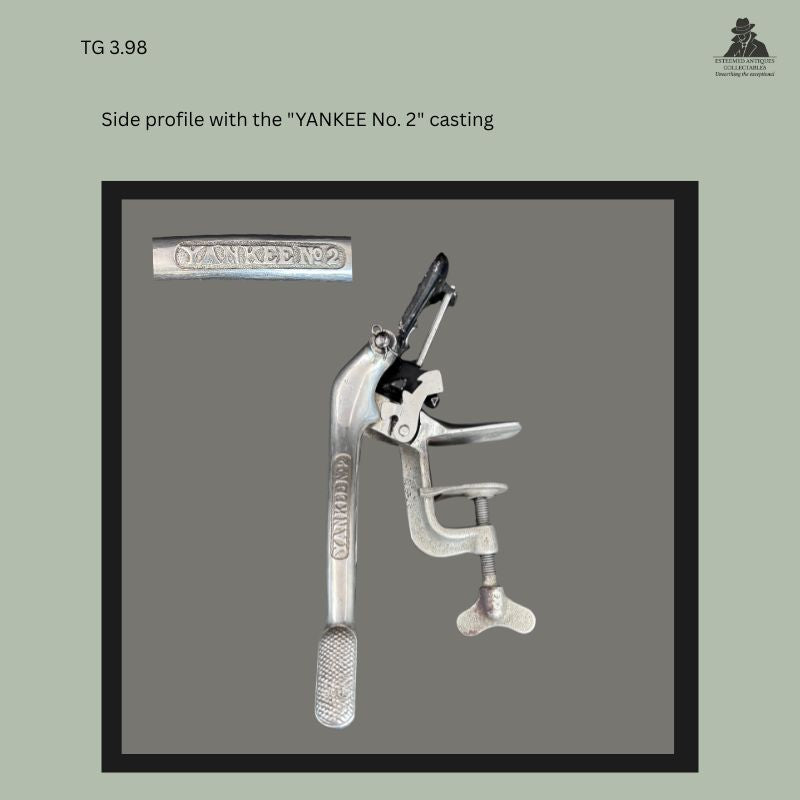 Side profile of a Raymond Gilchrist Yankee No. 2 bar-mounted mechanical corkscrew showing the cast metal frame with raised "YANKEE No. 2" marking, clamp screw, operating mechanism, and inset close-up of the cast inscription, from the Thomas Guenther Collection.